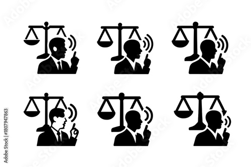 Courtroom Objection Logos. Lawyer Making Objections. Icon set. Set Logo of Courtroom Objection: attorney raising hand in court. harmonious logo variations of