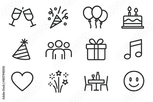 Celebration Icons. Group joy. Line icon set of group joy: people group, smile, heart, music note, dancing couple, clinking glasses, fireworks, confetti, cake,