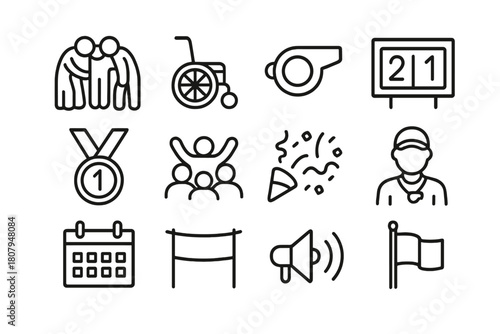 Adaptive Sports Icons. Community adaptive sports events. Line icon set of community adaptive sports events: team huddle, wheelchair, whistle, scoreboard,