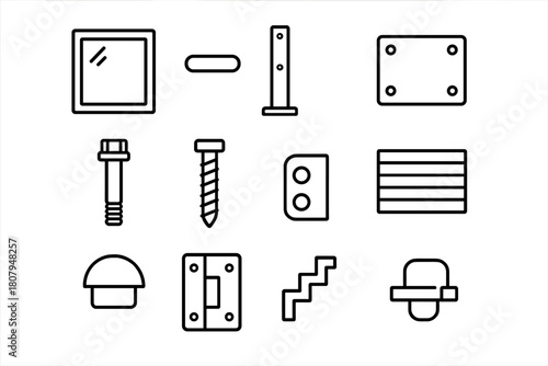 Glass Balcony Icons. Glass balcony design. Line icon set of glass balcony design: glass panel, handrail, post, base plate, bolt, screw, wall bracket, deck, end