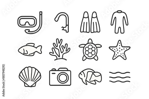 Reef Snorkeling Essentials. Reef snorkeling. Line icon set of Reef snorkeling: snorkel mask, snorkel tube, fins, wetsuit, flippers, fish, coral, sea turtle,