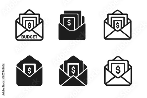 Expense Tracking Icons. Tracking monthly expenses. Icon set. Set Logo of tracking monthly expenses: line graph with trend arrow and currency dot markers.