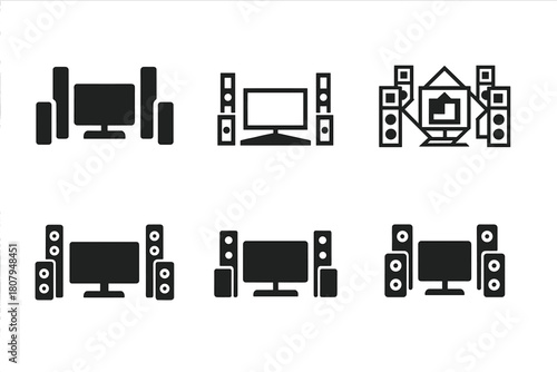 Home Cinema Logos. Home cinema experiences. Icon set. Set Logo of home cinema experiences: . surround speaker array around screen. harmonious logo variations