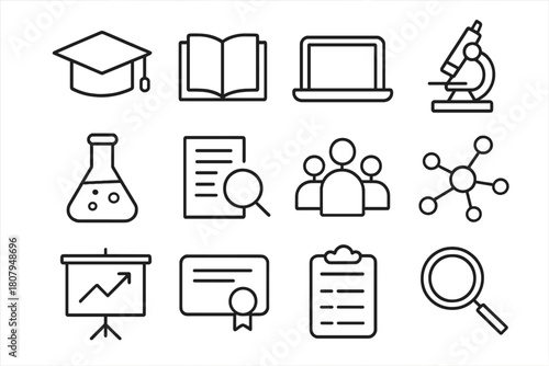 University Research Icons. University research. Line icon set of University research: graduation cap, book, laptop, microscope, laboratory flask, research
