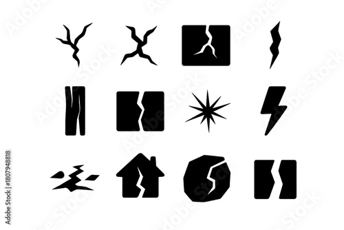 Breakage Icon Set. Breakage. Solid icon set of Breakage: cracked surface, fracture, broken wall, fissure, split wood, chasm, crack in glass, lightning bolt,