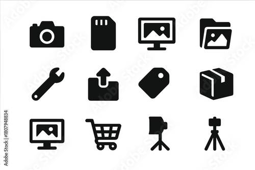 Photography Workflow Icons. Photography workflow. Solid icon set of photography workflow: camera, memory card, computer, photo folder, edit tool, upload icon,