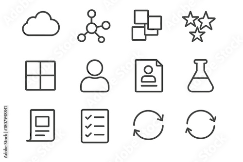 Product Ideation Icons. Product ideation symbols. Line icon set of product ideation symbols: brainstorm cloud, mind map node, sticky cluster, prioritization