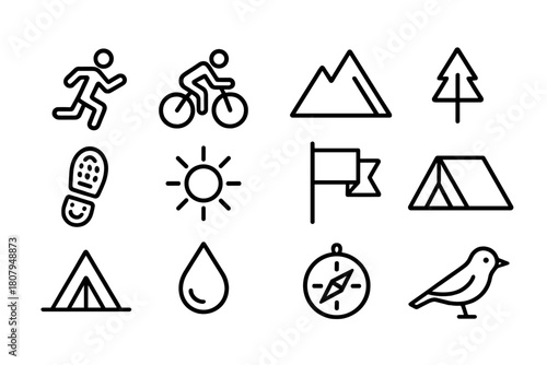 Outdoor Sports Icons. Outdoor Sports. Line icon set of Outdoor Sports: runner, cyclist, mountain, tree, shoe print, sun, flag, map, tent, droplet, compass,