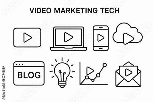 Video Marketing Tech Icons. Video marketing tech. Line icon set of video marketing tech: video play button, laptop, smartphone, cloud, blog, light bulb,