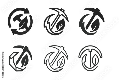 Efficient Energy Logos. Efficient energy use in mining industries. Icon set. Set Logo of efficient energy use in mining industries: renewable energy loop