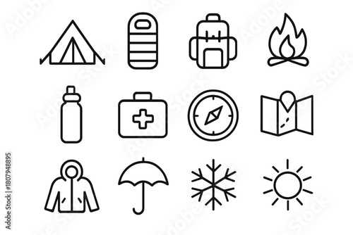 Extreme Outdoors Icons. Extreme outdoors. Line icon set of Extreme outdoors: tent, sleeping bag, backpack, fire, water bottle, first aid kit, compass, map,