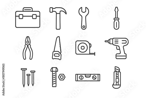 Workshop Tools Icons. Workshop kit. Line icon set of Workshop kit: toolbox case, hammer, wrench, screwdriver, pliers, saw, tape measure, drill, nails, bolts,