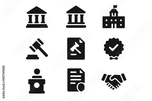 Government Authority Icons. Government authority. Solid icon set of Government authority: parliament, courthouse, city hall, judge gavel, law document,