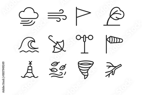 Gale Force Icons. Gale forces. Line icon set of gale forces: storm cloud, gust lines, warning flag, bent tree, whitecap wave, inverted umbrella, anemometer,