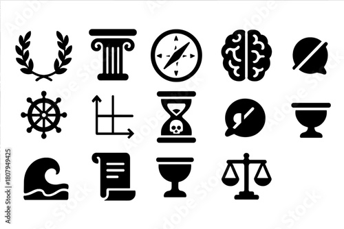Stoic Symbols Icons. Stoicism. Solid icon set of Stoicism: laurel wreath, stoic column, virtue compass, reason brain, fate wheel, dichotomy control chart,