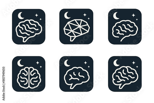 Overactive Mind Logos. Overactive mind in a peaceful, dark room. Icon set. Set Logo of overactive mind in a peaceful, dark room: dark room with glowing aura.