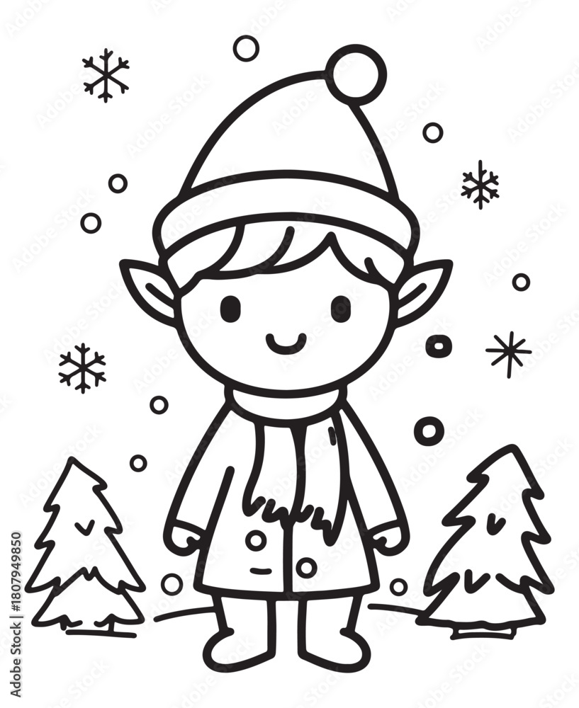Obraz premium Elf of North Pole .Coloring pages for kids, simple line art.
