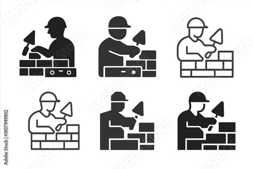 Bricklayer Logo Designs. Bricklayers constructing buildings. Icon set. Set Logo of Bricklayers constructing buildings: Bricklayer tools (trowel, level).