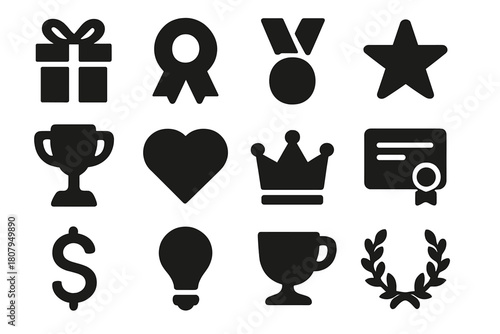 Reward Icons Collection. Reward. Solid icon set of reward: gift box, ribbon, medal, star, trophy, heart, crown, certificate, dollar sign, lightbulb, cup,