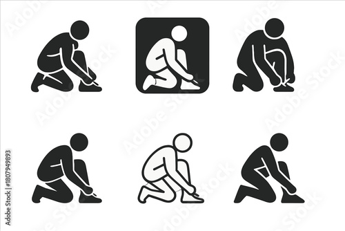Shoelace Logo Variations. Tying shoelaces before jogging. Icon set. Set Logo of Tying shoelaces before jogging: Warm-up stretch. harmonious logo variations of
