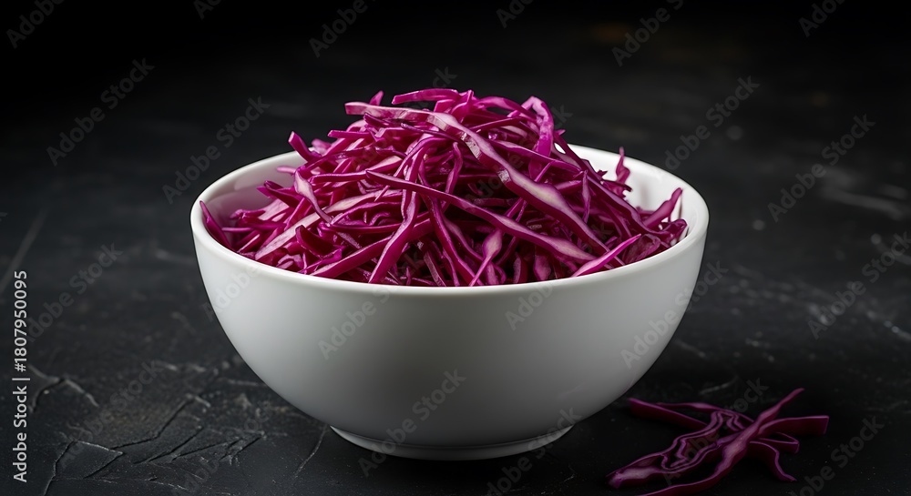 Obraz premium Vibrant red cabbage slaw in white bowl against dark textured backdrop