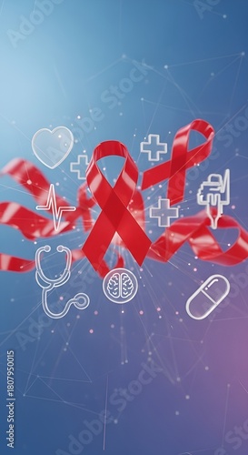 Infográfico 3D moderno com fitas vermelhas flutuando e ícones de saúde simbolizando Dezembro Vermelho