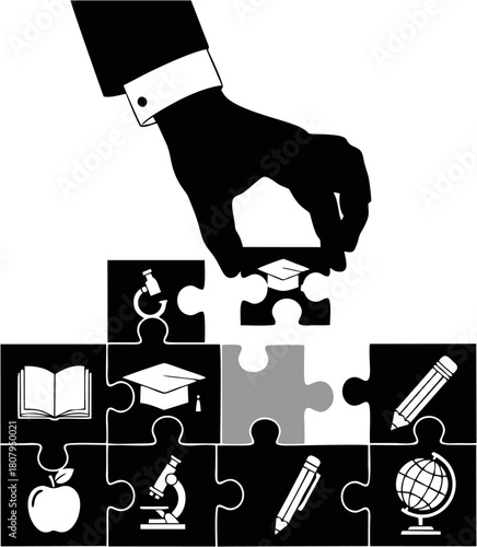 Conceptual puzzle representing education and learning, with symbols of knowledge and growth forming a complete picture