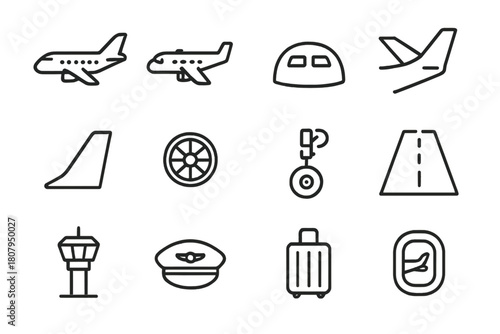 Airplane Line Icon Set. Airplanes. Line icon set of airplanes: jet plane, propeller plane, cockpit, wing, tail fin, engine, landing gear, runway, control