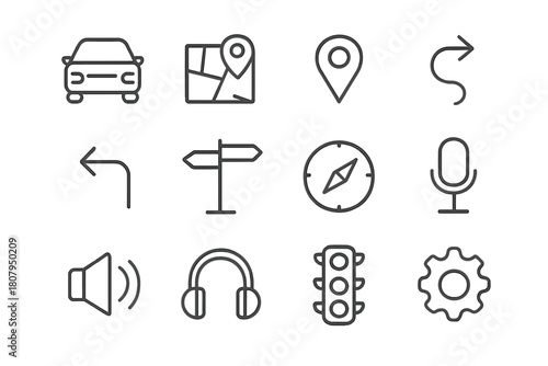 Interactive Navigation Icons. Interactive navigation system. Line icon set of Interactive navigation system: car, map, GPS pin, route line, turn arrow, street