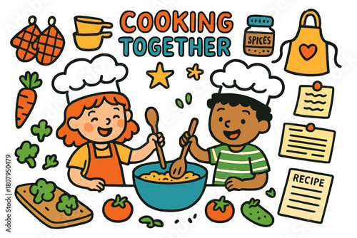 Joyful Cooking Together. Cooking together. Colorful Hand-drawn doodle Children illustration Cooking together chef hats, mixing bowl, wooden spoon, measuring