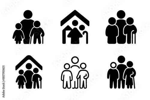 Family Care Icons. elderly care within the family unit. Icon set. Set Logo of elderly care within the family unit: multigenerational family unity symbol.