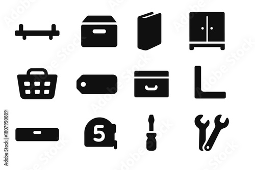 Home Organization Icons. Home organization. Solid icon set of home organization: shelf, storage box, book, cabinet, basket, label, drawer, bracket, level tool,