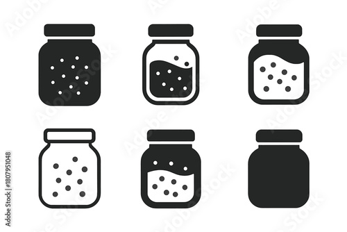 Bath Salts Jar Icons. bath salts jar. Icon set. Set Logo of bath salts jar: glass jar with crystals inside. harmonious logo variations of the same emblematic