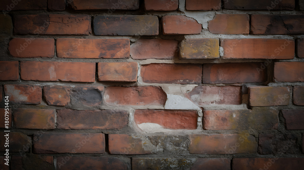 Obraz premium Close-up of Weathered Old Red Brick Wall Texture Background with Rustic Grunge Style and Vignette