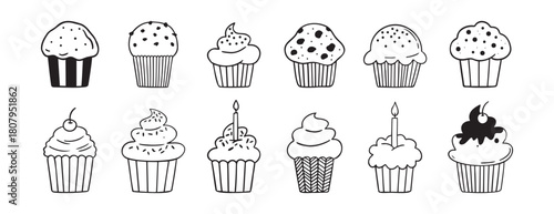 Baked dessert for birthday party muffins or cupcakes doodle hand drawn icon set. Outline drawing line clipart symbol collection