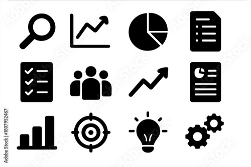 Market Research Icons. Market research. Solid icon set of market research: magnifying glass, chart, pie chart, document, checklist, people group, graph arrow,