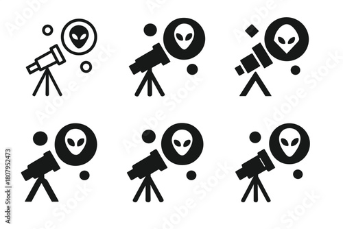Alien Life Exploration Icons. Exploring the possibility of alien life in distant star systems. Icon set. Set Logo of alien life exploration: