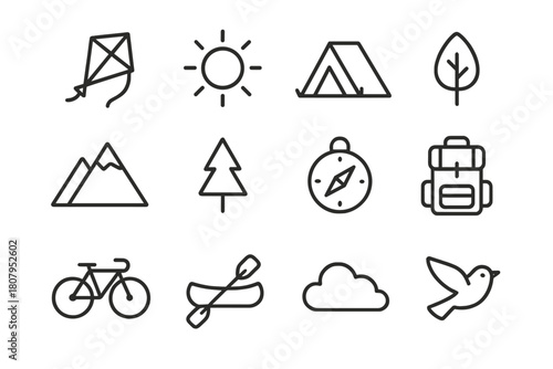 Outdoor Adventure Icons. Outdoor fun. Line icon set of outdoor fun: kite, sun, tent, campfire, mountain, tree, compass, backpack, bicycle, canoe, cloud, bird.