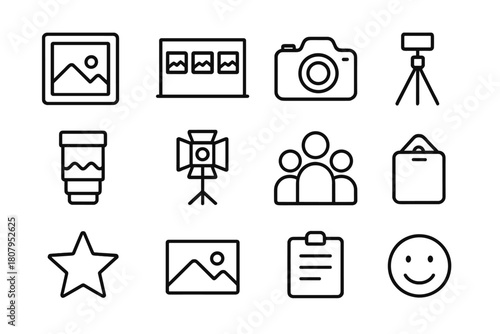 Photo Exhibition Icons. Photo Exhibition. Line icon set of Photo Exhibition: picture frame, gallery wall, camera, tripod, lens, light, crowd, label, star,