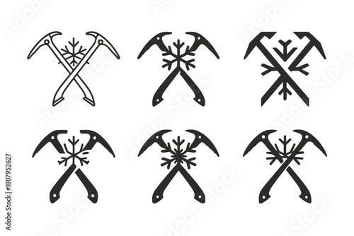 Ice Climbing Icon Set. Ice climbing. Icon set. Set Logo of ice climbing: climber ascending a frozen waterfall. harmonious logo variations of the same
