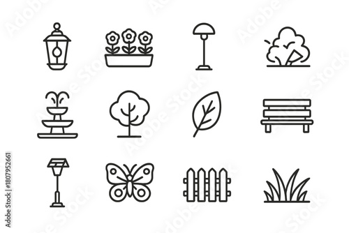 Garden Lighting Icons. Garden illumination. Line icon set of garden illumination: lantern, flower bed, path light, shrub uplight, water fountain, tree, leaf,