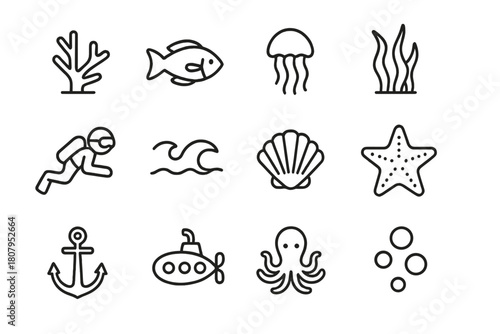 Underwater Icon Set. Underwater swimming. Line icon set of underwater swimming: swimmer, bubbles, goggles, fins, snorkel, coral, fish, underwater camera,