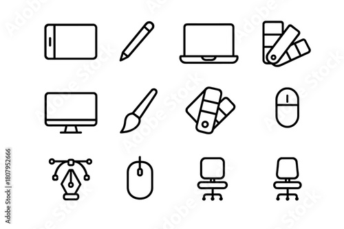 Digital Art Icons. Digital art. Line icon set of digital art: tablet, stylus, laptop, monitor, brush tool, color palette, layer icon, pen tool,