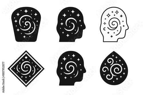 Swirling Night Logos. Night sky filled with swirling thoughts. Icon set. Set Logo of night sky filled with swirling thoughts: silhouette of head with