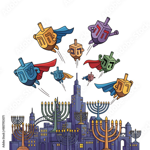 Superhero dreidels flying over a city decorated with menorahs for a festive Hanukkah celebration