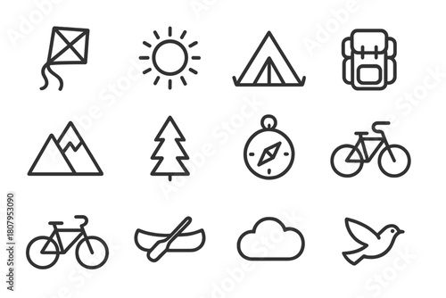 Outdoor Adventure Icons. Outdoor fun. Line icon set of outdoor fun: kite, sun, tent, campfire, mountain, tree, compass, backpack, bicycle, canoe, cloud, bird.