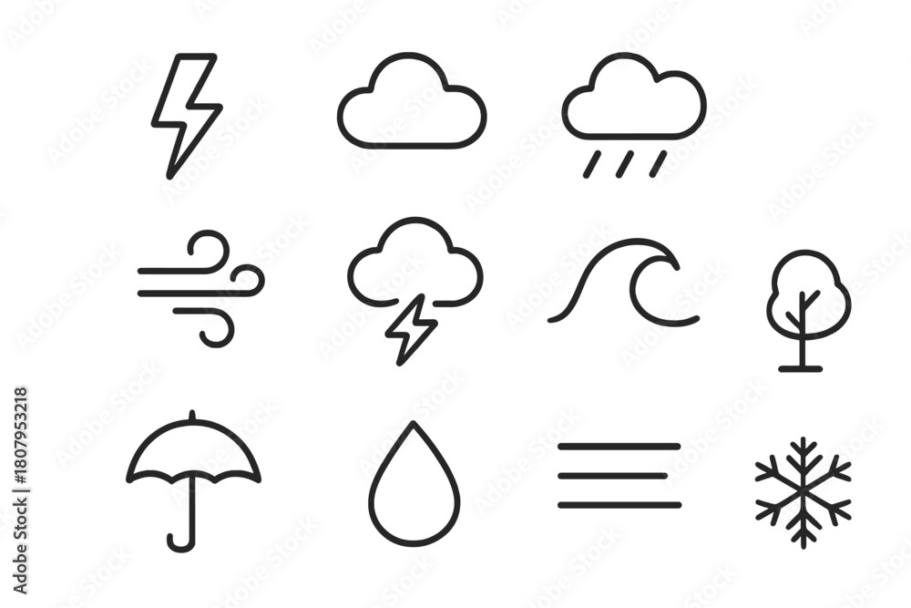 Naklejka premium Storm Icons Collection. Storm elements. Line icon set of storm elements: lightning, cloud, rain, wind swirl, thunder icon, wave, tree, umbrella, droplet, fog,
