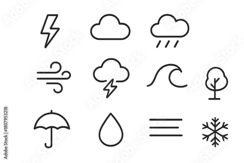 Storm Icons Collection. Storm elements. Line icon set of storm elements: lightning, cloud, rain, wind swirl, thunder icon, wave, tree, umbrella, droplet, fog,