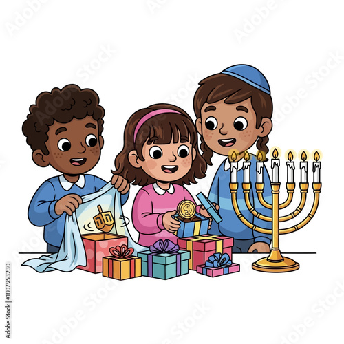 Three children celebrating Hanukkah by opening gifts and lighting a menorah