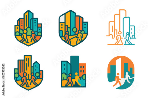 Vibrant City Logos. Vibrant city life. Icon set. Set Logo of vibrant city life: glowing neon signs and dynamic light trails. harmonious logo variations of the
